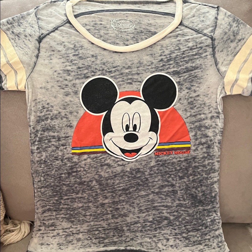 Disney T-Shirt Vintage Style Womens‎ Medium Mickey Mouse Charcoal Ringer Sheer